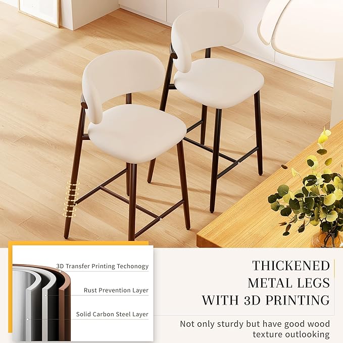 Bar Stools Set of 4 Counter Height Barstool Metal Kitchen Counter Height Bar Stool Island Chairs 26 Inch, Walnut/Cream White
