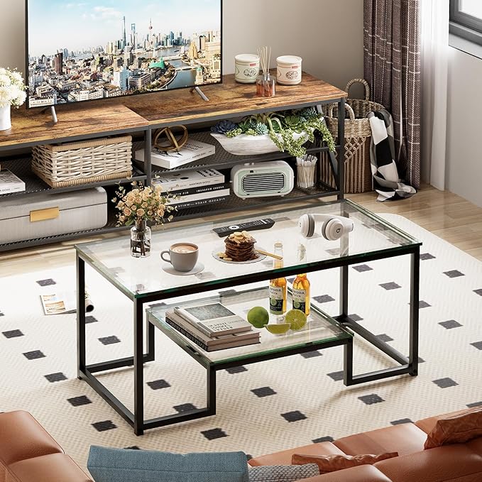 Coffee Table Black Glass Coffee Table for Living Room,2 Tiers Rectangle Center Table with Sturdy Metal Frame,Modern Tempered Glass Accent Table for Bedroom Home Office