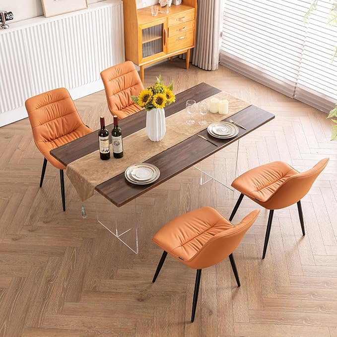 Kidol & Shellder Dining Chairs Set of 2, Modern Upholstered Faux Leather Kitchen Side Chairs with Comfortable Back - Mid-Century Armless Chair for Dining living Room Bedrooms, with Metal Legs (Orange)