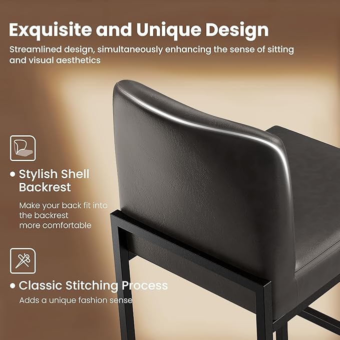 PHI VILLA Dark Grey Bar Stools Set of 6, Counter Height Bar Stool Faux Leather Barstools with Back, 24 inch Kitchen Bar Chairs