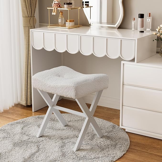 18-Inch Vanity Stool Chair, Vanity Bench with Metal X-Legs, Ottoman Accent Stool with Breathable and Soft Boucle Fabric Saddle Seat, White