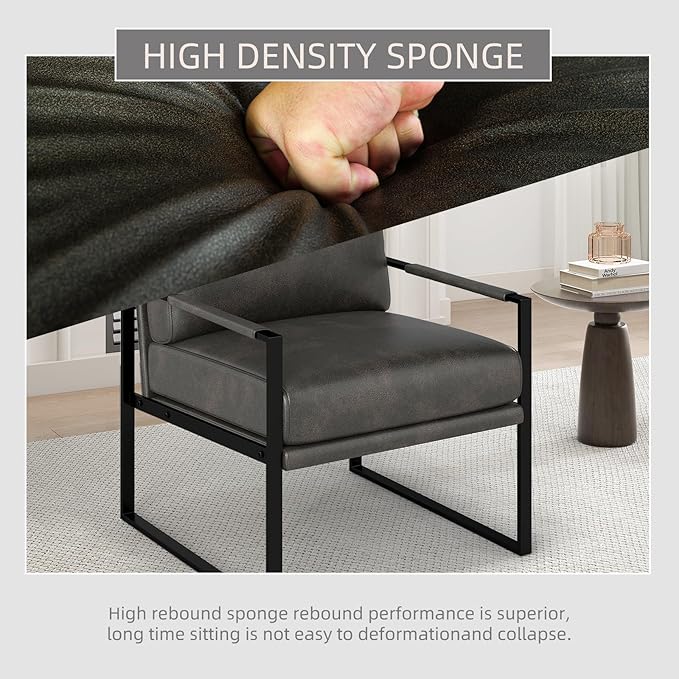 Phoenix Home Mid Century Modern Faux Leather Accent Chair, Metal Framed Armchair with Extra Soft Removable Seat Cushion & Backrest for Living Room Bedroom Waiting Room, Easy to Clean, Gray