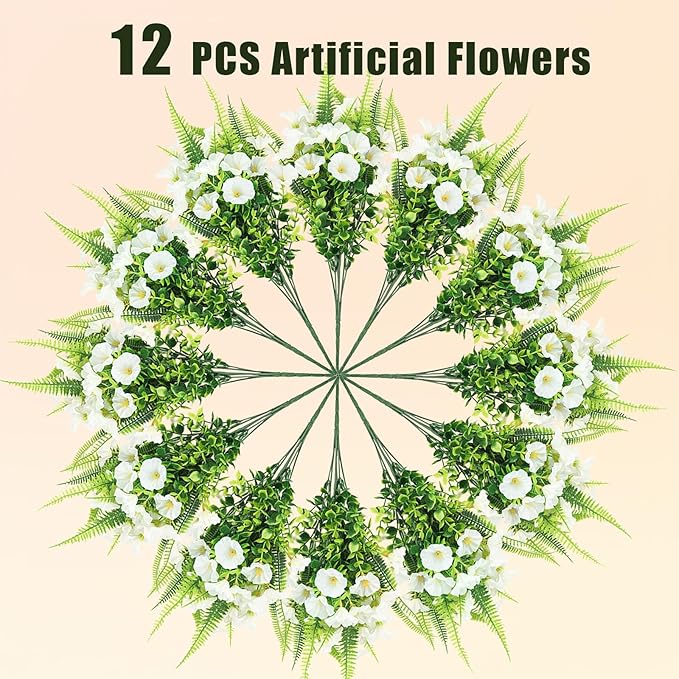 Artificial Flowers Outdoors 12 Bundles White Artificial Petunias Fake Flowers UV Resistant Shrubs Plants with Fern for Indoor Outside Hanging Planters Home Garden Summer Decorations