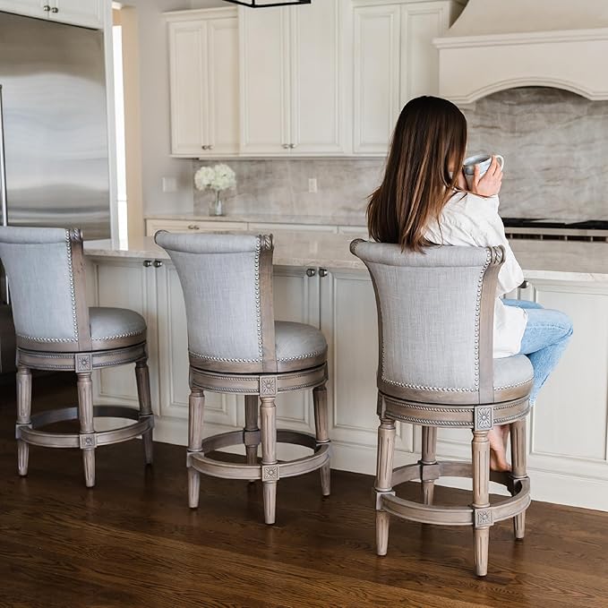 Maven Lane Pullman Counter Stool 26 Inches – Swivel Stool with Footrest – Grey Solid Wood Frame & Grey Fabric Upholstery – Perfect for Kitchen Islands & Counters