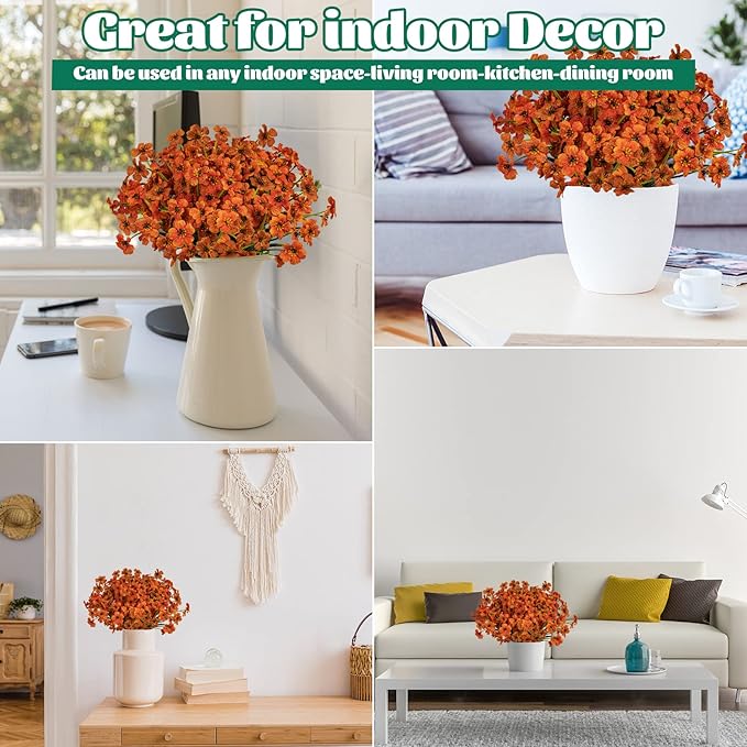 Lnoicy 24 Pcs Artificial Flowers for Outdoor,Plastic Flowers Decoration, UV Resistant Faux Flowers Shrubs, Artificial Plants for Indoor Outside Garden Home Wedding Farmhouse(Orange)