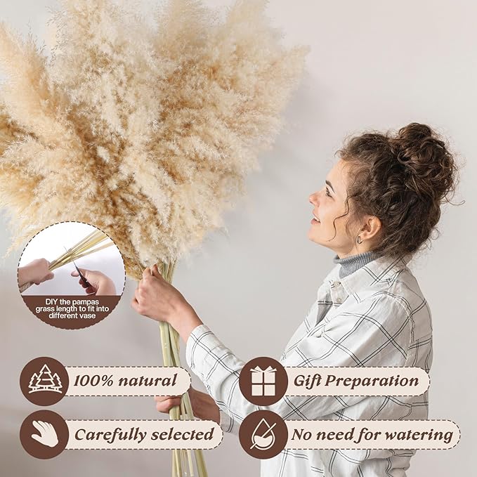 12pcs 40'' Dried Pampas Grass Decor - Tall-Large Pampas Grass - Natural Beige - Boho Home Decor