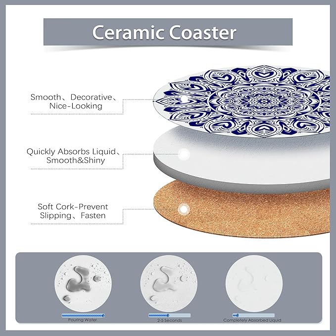 6 Pcs Coasters for Drinks with Holder,Flower Mandala Boho Absorbent Coaster with Cork Backing,Great Gift for Housewarming,Room Decor,Bar,Holiday Party