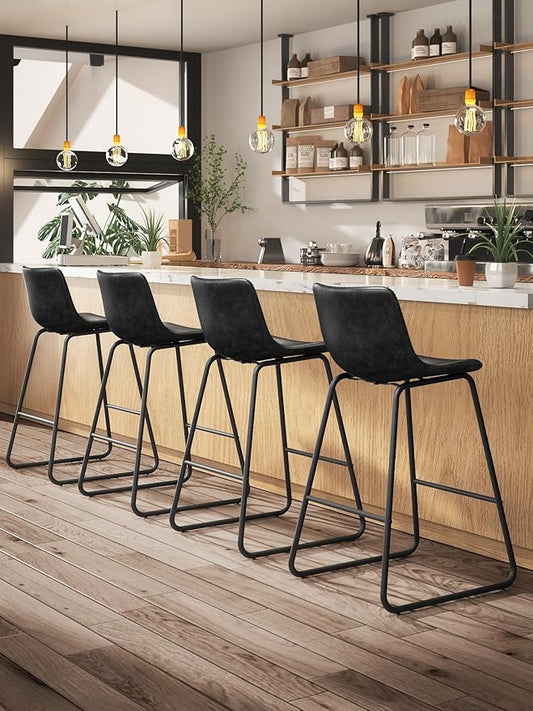 Bar Stools Set of 4, 26 Inches Counter Height Bar Stools with Back, Modern Faux Leather Barstools with Metal Legs and Footrest, Bar Chairs for Kitchens Island (Black)