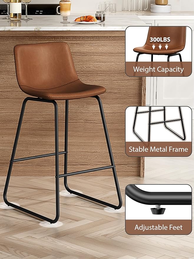 Bar Stools Set of 4, 26 Inches Counter Height Bar Stools with Back, Modern Faux Leather Barstools with Metal Legs and Footrest, Bar Chairs for Kitchens Island (Dark Brown)