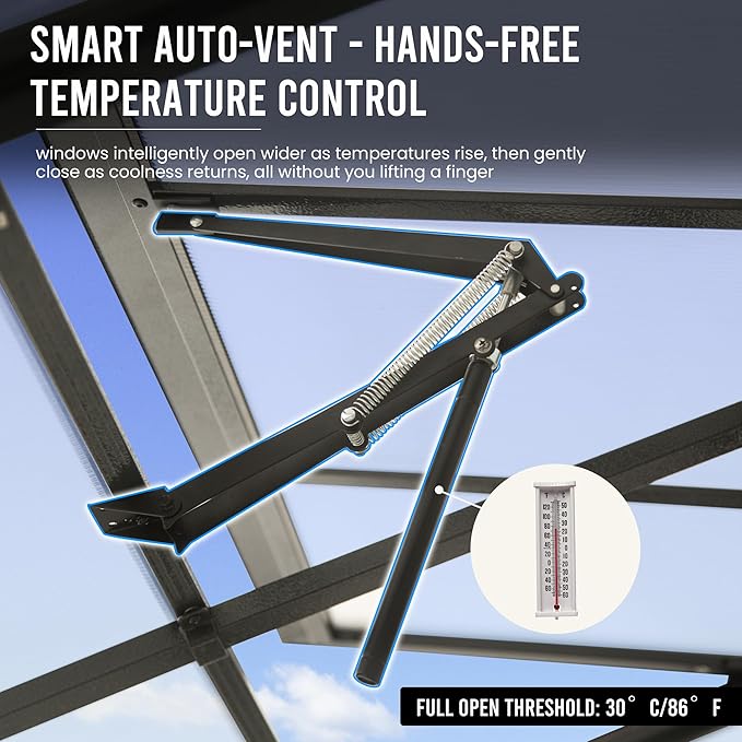 Domi 8x10FT Polycarbonate Greenhouse with Automatic Vent, Extra Tall 8FT Walk-in Aluminum Frame, Weather-Resistant Green House with Shelves & Hooks for Outdoor Garden, Backyard, Dark Grey