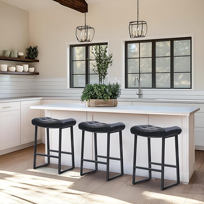 Black Modern Bar Stools Set of 2 for Kitchen Counter 24 inch Counter Height Backless Barstools with Upholstered Faux Leather Saddle Seat and Metal Frame Industrial Bar Chairs