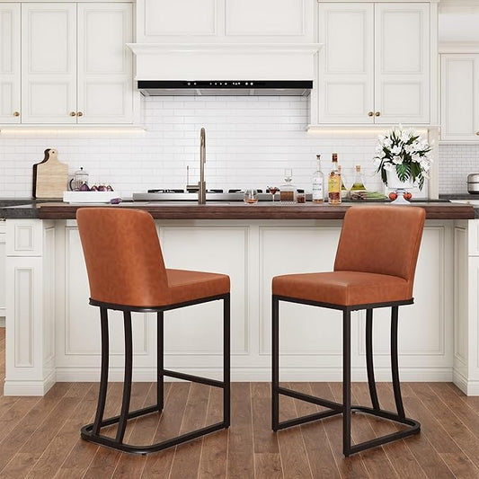 PHI VILLA Brown Bar Stools Set of 2, Faux Leather Counter Height Chairs, Kitchen Stools for Island, 24 Inch Barstools with Back