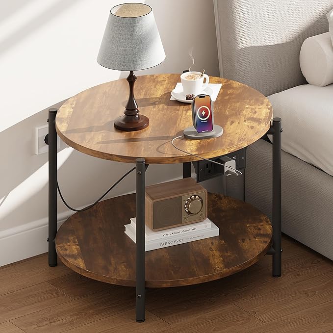 LIKIMIO Round Side Table Set of 2, 23.6" W End Table with Charging Station, Modern Wooden Nightstand for Small Spaces, Living Room, Bedroom, Rustic Brown