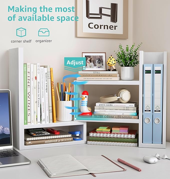 Desktop File Organizer Desk Organizer Shelf - White Office Organization Shelves for Top of Desk Organizers and Accessories Corner Bookshelf Table Top Shelving Small Hutch Decorations for Women Office