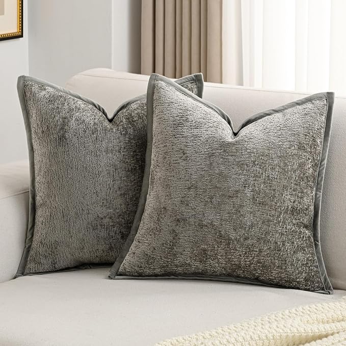 FUTEI Grey Chenille Throw Pillow Covers 24x24 Inch Set of 2,Soft Cozy Bound Edge Design European Cushion Cover,Home Decor for Couch Bed Living Room