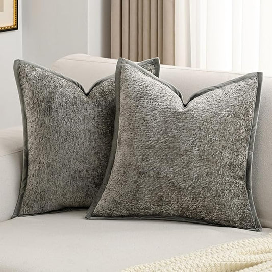 FUTEI Grey Chenille Throw Pillow Covers 22x22 Inch Set of 2,Soft Cozy Bound Edge Design Cushion Case,Home Decor for Couch Bed Living Room