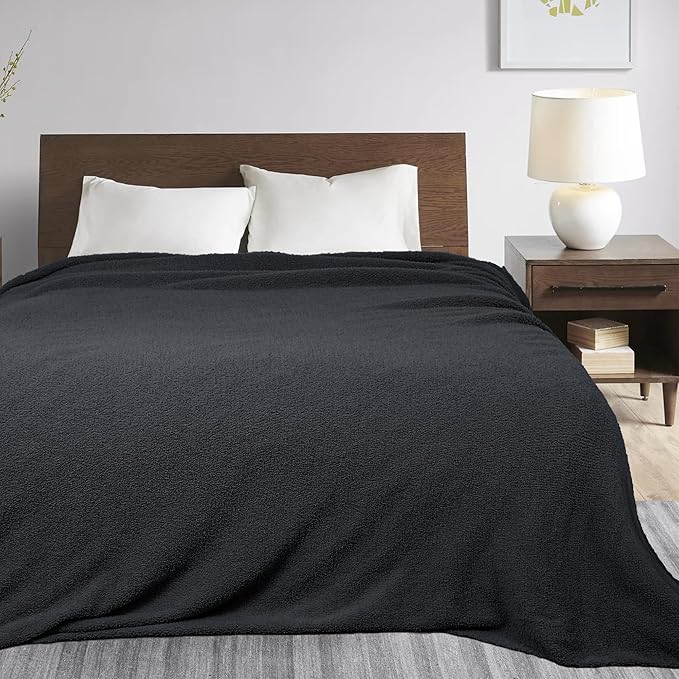 JOOJA Dark Grey Black Fuzzy Knitted Blanket, Soft Lightweight Plush Queen Size Blanket for Bed, Cozy Nights, Charcoal Grey, 90x90