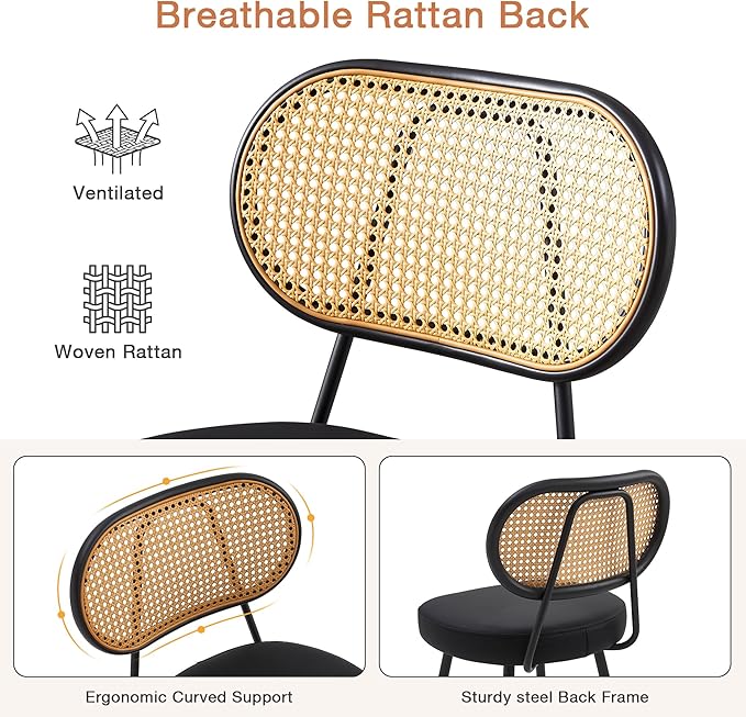 BFZ Bar Stools Set of 3, 26" Counter Height Barstools with Rattan Back and Metal Legs, Upholstered Faux Leather Bar Chairs for Kitchen Island, Home Bar, Black