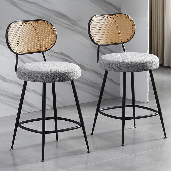 26" Rattan Barstools Set of 2, Counter Height Bar Chair with Black Metal Legs, Modern Armless Sherpa Pub Chair, Adjustable Feetpads Stools for Home Counter, Kitchen Dining Island, Cafe(Grey)