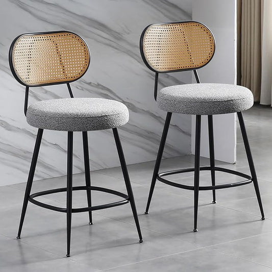 26" Rattan Barstools Set of 2, Counter Height Bar Chair with Black Metal Legs, Modern Armless Sherpa Pub Chair, Adjustable Feetpads Stools for Home Counter, Kitchen Dining Island, Cafe(Grey)