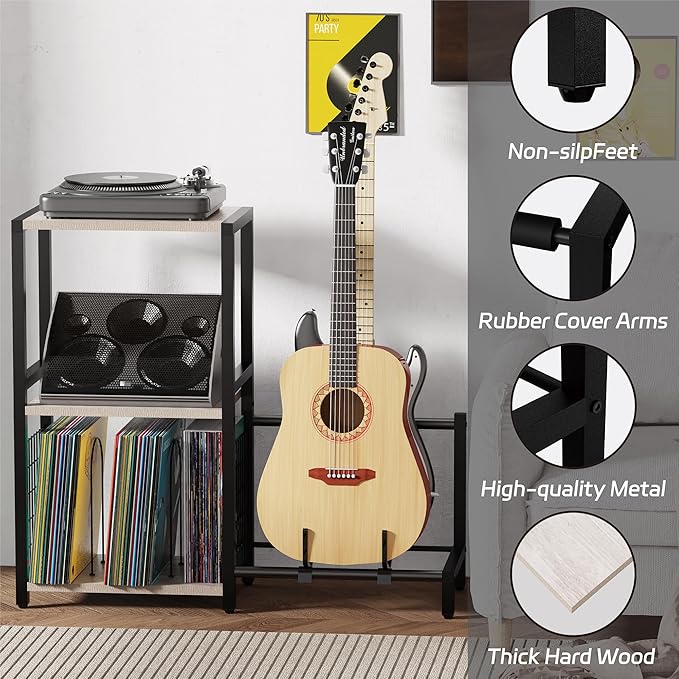 End Table with Guitar Stand,Record Player Stand,Vinyl Records Storage,2-Tier Guitar Stand for Acoustic,Turntable Stand for Music Studio,Grey
