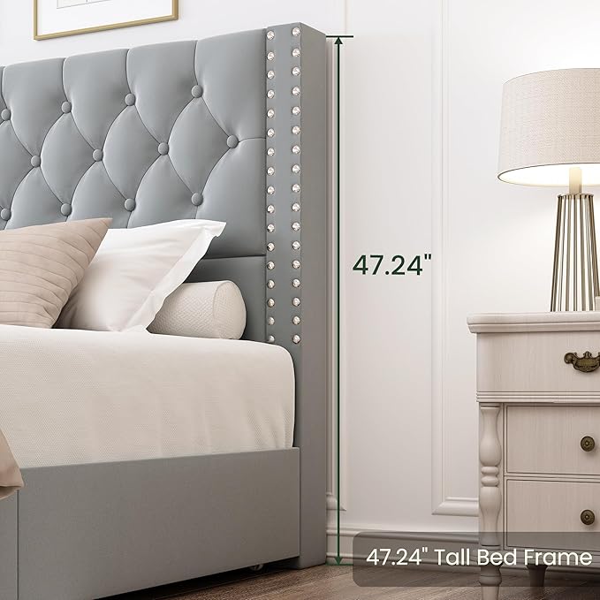 LARMACE King Size Bed Frame with 4 Storage Drawers and Tufted Headboard Velvet Upholstered Platform Bed Frame with Heavy Duty Wood Slats, No Box Spring Needed, Easy Assembly, Bluish Grey