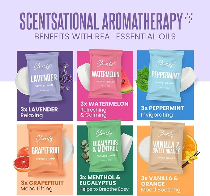 Cleverfy Shower Steamers Aromatherapy for Women and Men – Self-Care Shower Bombs for Stress Relief and Relaxation – 18 Tablets