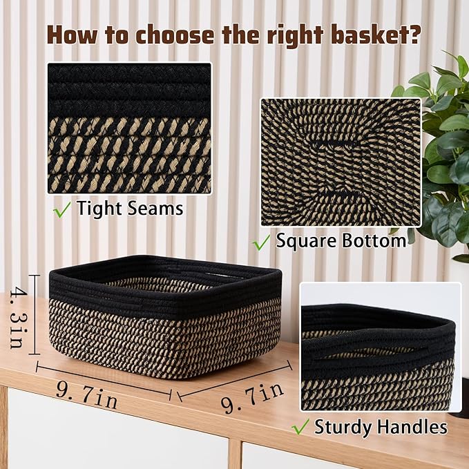 Small Square Shallow Baskets for Organizing, 9.7x9.7x4.3 Inch Rope Woven Storage Bins for Cubes Closet, Shelves Storage, Boho Decorative Basket, 2 Packs Black Brown