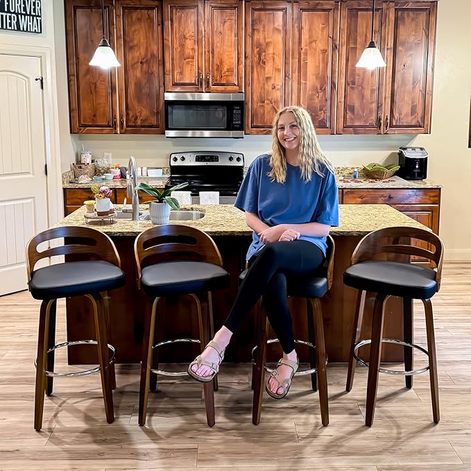 Bar Stools Set of 4, Swivel Bar Stools with Walnut Craftsmanship, Bentwood Curved Back, Upholstered Faux Leather, Soft Cushion Seat, Mid Century BarStools for Bar/Pub/Cafe (Green, 30" Seat Height)