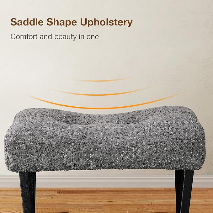 18-Inch Vanity Stool Chair, Vanity Bench with Metal X-Legs, Ottoman Accent Stool with Breathable and Soft Boucle Fabric Saddle Seat, Grey