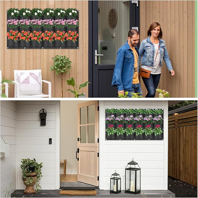 18 Pockets Hanging Grow Bags, 2 Pack Horizontal Wall Planter Plant Grow Bags Outdoor Indoor Hanging Planter for Balcony/Railing/Fence/Yard/Garden/Home Decoration, Black
