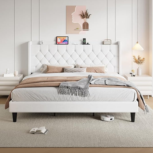 SHA CERLIN King Size Platform Bed Frame with Charging Station, Velvet Wingback Headboard with Storage Shelf, Wooden Slats Support, Ample Under-Bed Space, No Box Spring Needed, Easy Assembly, White