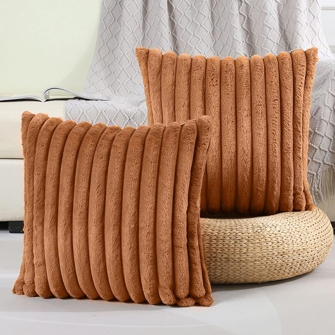 FUTEI Brown Striped Decorative Throw Pillow Covers 24x24 Inch Set of 2,Square Fall Decorations Couch Euro Pillow Case,Soft Cozy Faux Rabbit Fur & Velvet Back,Modern Home Decor for Bed