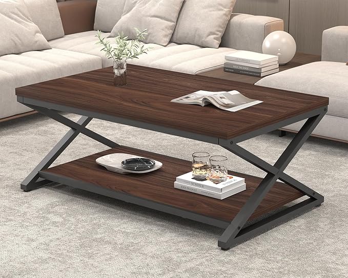 HSH Walnut 2 Tier Storage Coffee Table, Modern Rectangle Center Table for Living Room, Industrial Minimalist Wooden Metal Cocktail Tea Table, Home Office Rustic Simple Display Coffee Table, 39 Inch