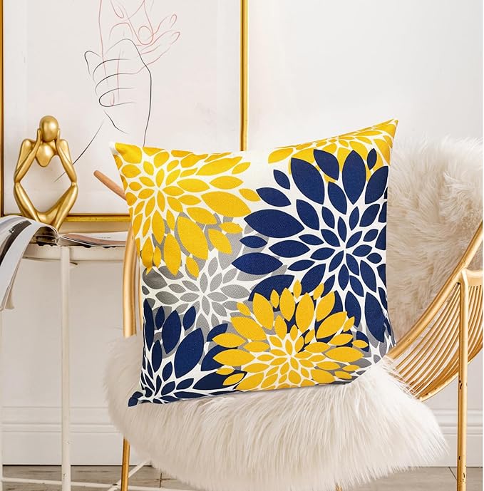 Decorative Throw Pillow Covers Set of 2 Blue Yellow Pillow Covers 22x22 Inch Couch Pillow Covers for Sofa Living Room Outdoor Throw Pillow Cover Linen Floral Flower Farmhouse Pillowcase