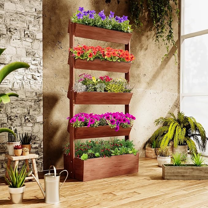 SUNYRISY 5 Tiers Vertical Wooden Raised Garden Bed Outdoor, Freestanding Garden Planter Box Stand for Planting Herbs Flowers Vegetables Outdoor Gardening