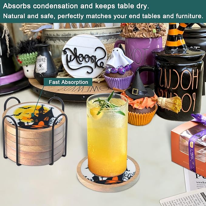 Halloween Coasters Set of 6, Unique Coaster, Minacun Absorbent Coasters with Holder Halloween Thanksgiving Themed Party Decoration 4.3 Inch
