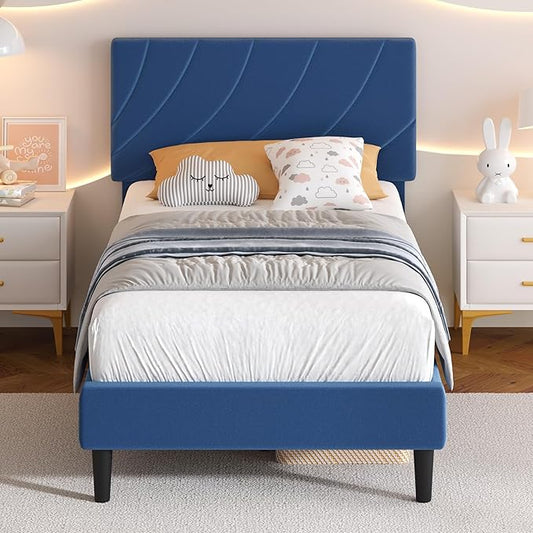 HOMBCK Twin Bed Frames, Bed Frame Twin with Linen Fabric Upholstered Headboard and Wooden Slats Support,Adjustable Headboard, No Box Spring Needed, Noise-Free, Easy Assembly, Blue