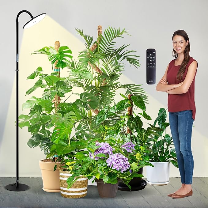 chiphy Grow Lamp, 60W Full Spectrum Grow Lights for Indoor Plants, 4/8/12H Timer, 2300K-6500K, 10 Dimmable Brigntness, 76'' Height Adjustable, Remote Control, Ideal for Tall Large Plants