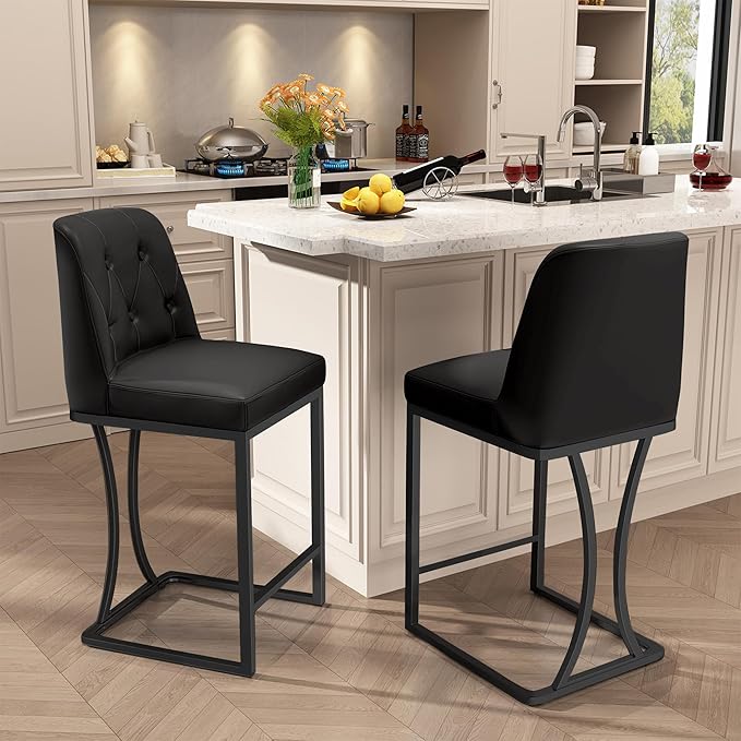 Black Counter Height Bar Stools Set of 2, 24 inch Counter Stools Pu Leather Modern Bar Chairs with Back for Kitchen Island