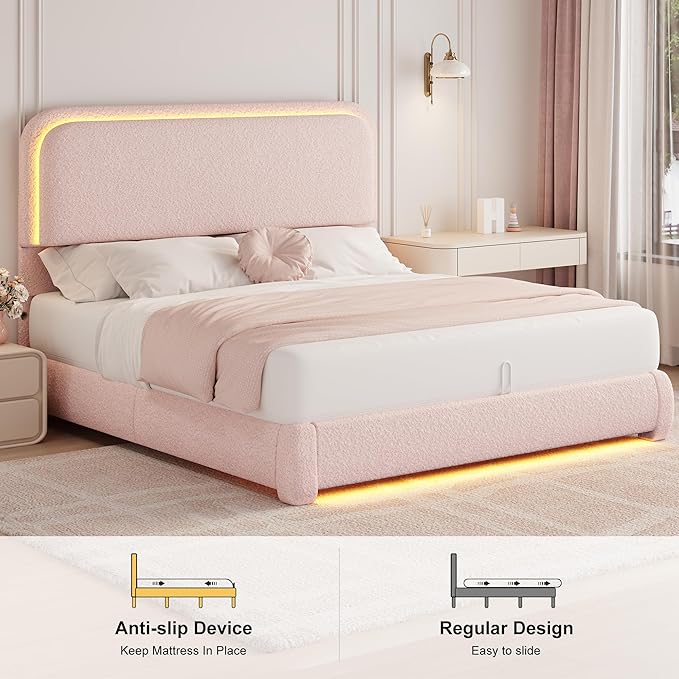 Queen Bed Frame, Soft Teddy Fleece Upholstered Platform Bedframe with Thickened Rounded Corners Headboard Footboard, Modern Curved Shaped Cloud Bed Frame with LED Lights, No Box Spring Needed, Pink