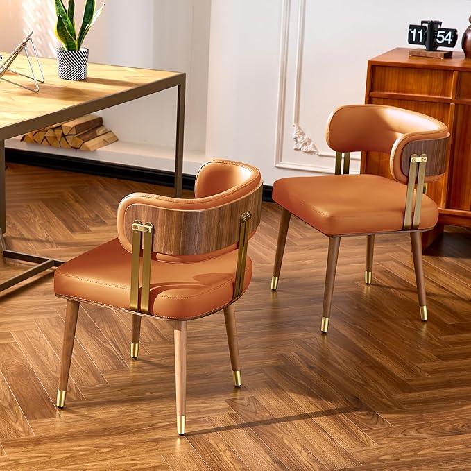 Modern Mid-Century Upholstered Leather Dining Chairs Set of 2 with Thick High-Resilience Foam, Walnut Wood Veneer,Dining Chairs with Anti-Slip Pads,Cinnamon Orange