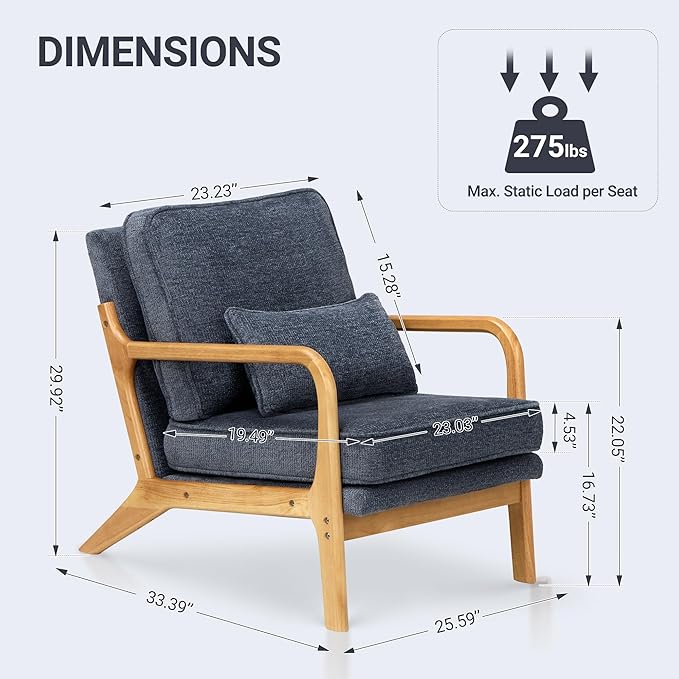COLAMY Mid Century Modern Accent Chair with Lumbar Pillow, Relaxing Armchair with Solid Wood Frame & Soft Cushion, Reading Leisure Chair for Living Room,Bedroom,Waiting Room（Blue）