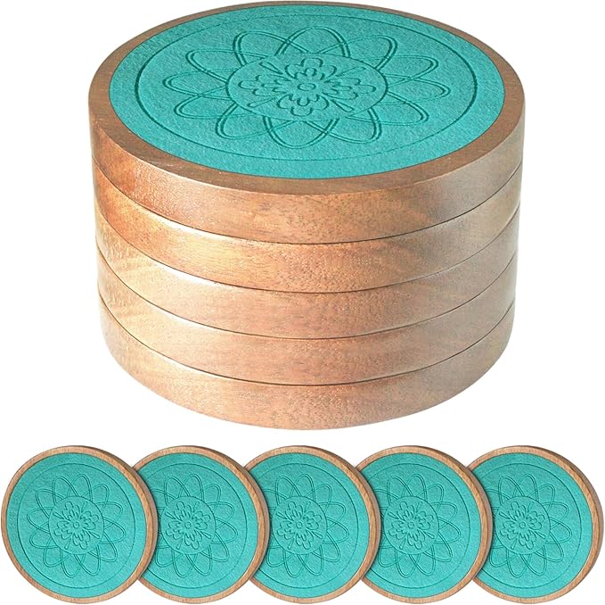 Wood Coasters for Drinks, Minacun Absorbent Coaster Sets of 5, Drinks Coasters for Coffee Tabletop Protection, Non-Slip, Non-Stick, Suitable for Kinds of Cups Wooden Table Drink, 4.3 Inches Lake Blue