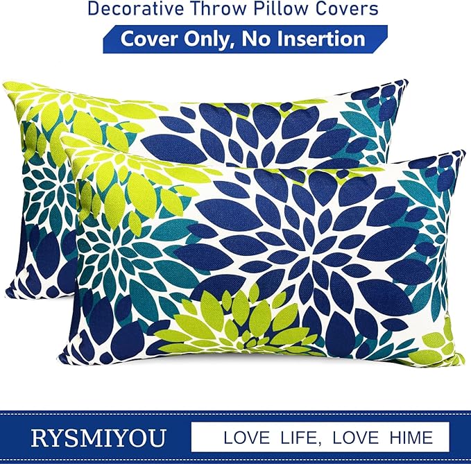 Decorative Throw Pillow Covers Set of 2 Blue Green Pillow Covers 12x20 Inch Couch Pillow Covers for Sofa Living Room Outdoor Throw Pillow Cover Linen Floral Flower Farmhouse Pillowcase