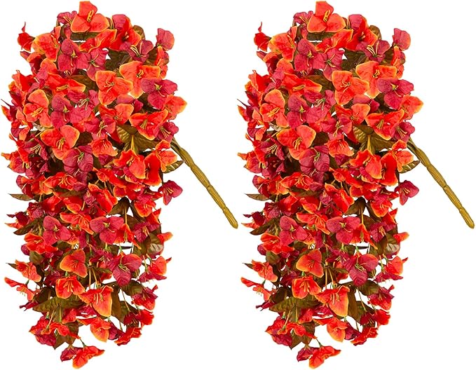 2 pcs Artificial Faux Bougainvillea Fall Flowers Plants for Outdoor Outside Decoration, Fake Silk UV Resistant Long Trailing Vines for Front Door Porch Planter Balcony Decor