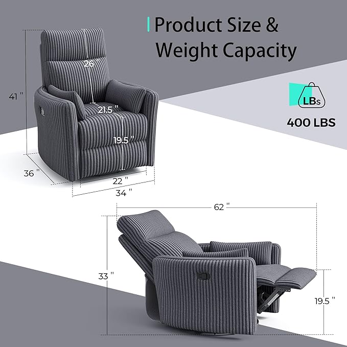 LINSY 360 Swivel Nursery Recliner - Corduroy Glider Rocking Chair with 2 Pillows, Comfy High Back Adult Recliner for Small Spaces, Nursery Bedroom Living Room Reclining Chairs, Grey