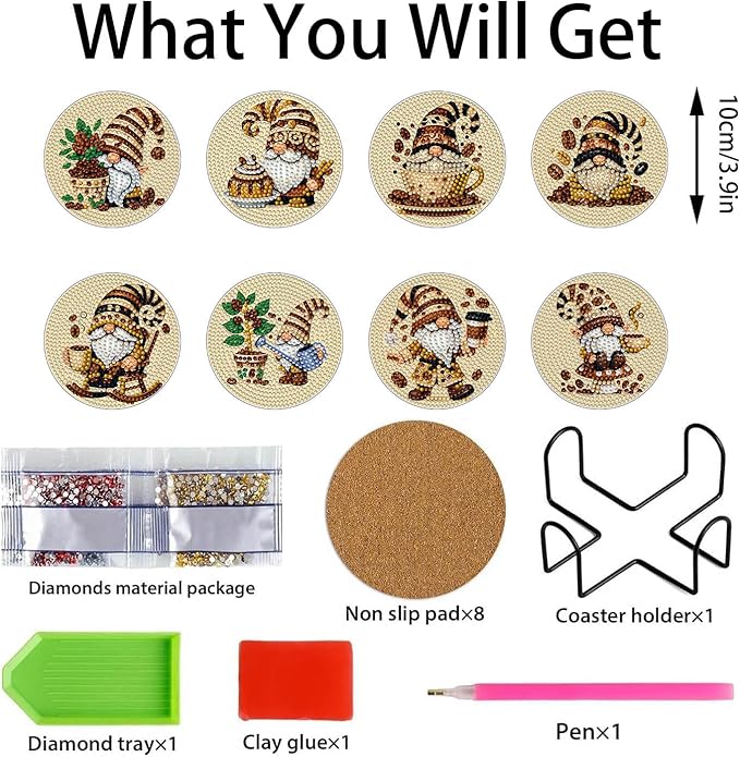 8 PCS Coffee Gnome Diamond Art Coasters Kits, Diamond Painting Coasters with Holder Set of 8, DIY Drink Coasters Art Crafts Supplies for Adults Cup Mat for Home Decor House Warming Gifts 3.9inch