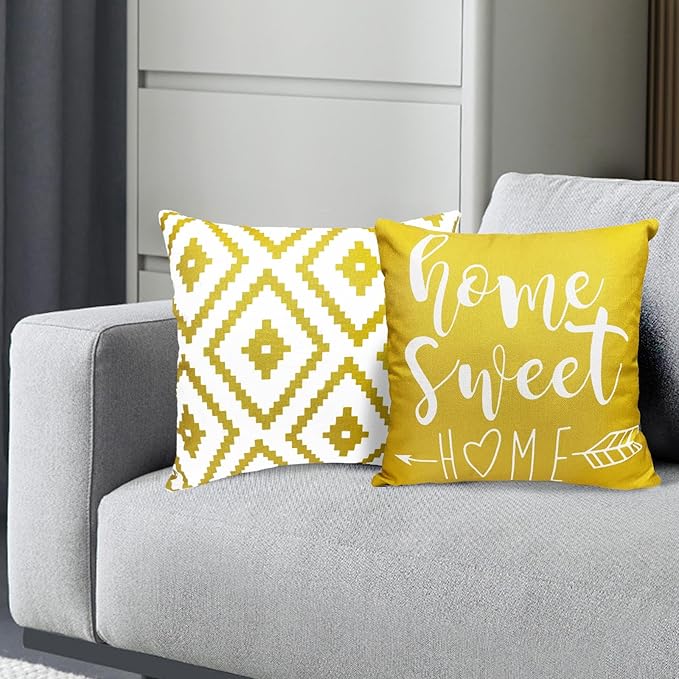 Decorative Throw Pillow Covers Set of 4 Yellow Pillow Covers 20x20 inch Throw Pillow Cases Linen Square Pillow Case,Farmhouse Outdoor Modern Geometric Pillow Covers for Couch Sofa Living Room