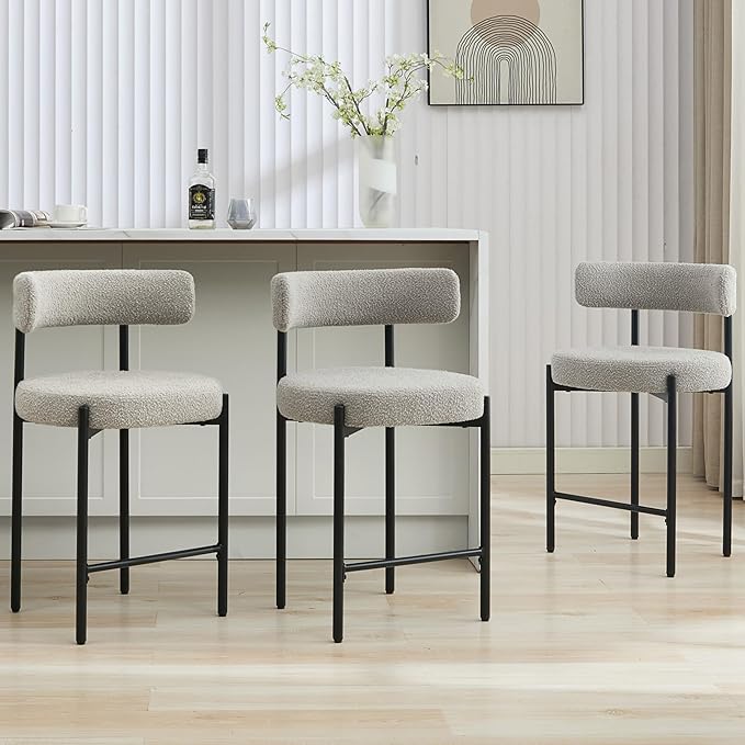 24'' Boucle Bar Stools Set of 3, Grey Bar Stools with Backs, Counter Height Bar Height Stools for Kitchen Island, Upholstered Bar Chairs